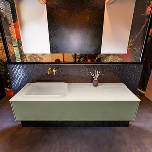 Badkamermeubelset Mondiaz Erin 150 cm met 1 Lade met RIDGE Wastafel Links Linen Zonder Kraangaten Greeploos Mat Army