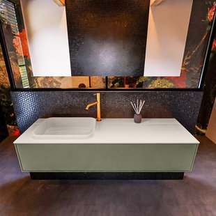 Badkamermeubelset Mondiaz Erin 150 cm met 1 Lade met RIDGE Wastafel Links Linen met 1 kraangat Greeploos Mat Army