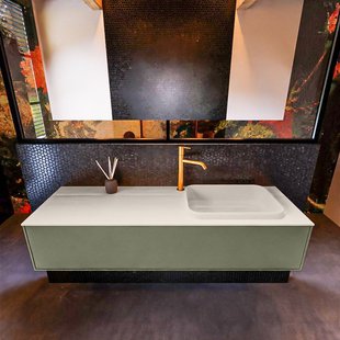 Badkamermeubelset Mondiaz Erin 150 cm met 1 Lade met RIDGE Wastafel Rechts Linen met 1 kraangat Greeploos Mat Army