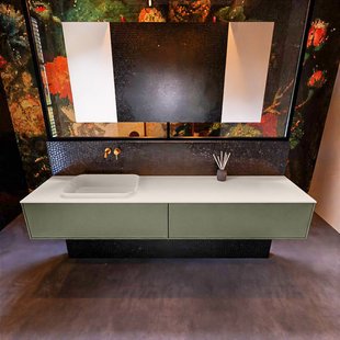 Badkamermeubelset Mondiaz Erin 200 cm met 2 Lades met RIDGE Wastafel Links Linen Zonder Kraangaten Greeploos Mat Army