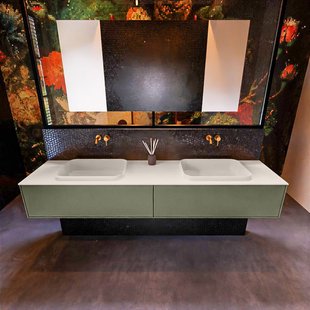 Badkamermeubelset Mondiaz Erin 200 cm met 2 Lades met RIDGE Wastafel Dubbel Linen Zonder Kraangaten Greeploos Mat Army