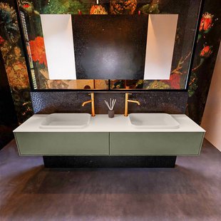 Badkamermeubelset Mondiaz Erin 200 cm met 2 Lades met RIDGE Wastafel Dubbel Linen met 2 kraangaten Greeploos Mat Army