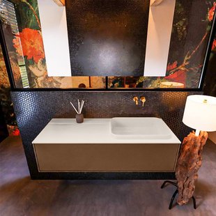 Badkamermeubelset Mondiaz Erin 120 cm met 1 Lade met RIDGE Wastafel Rechts Linen Zonder Kraangaten Greeploos Mat Rust