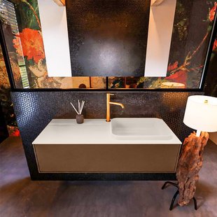 Badkamermeubelset Mondiaz Erin 120 cm met 1 Lade met RIDGE Wastafel Rechts Linen met 1 kraangat Greeploos Mat Rust