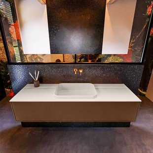 Badkamermeubelset Mondiaz Erin 150 cm met 1 Lade met RIDGE Wastafel Midden Linen Zonder Kraangaten Greeploos Mat Rust