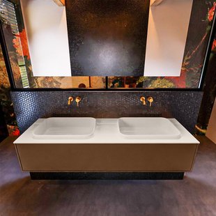 Badkamermeubelset Mondiaz Erin 150 cm met 1 Lade met RIDGE Wastafel Dubbel Linen Zonder Kraangaten Greeploos Mat Rust