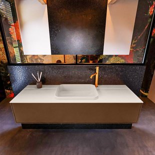 Badkamermeubelset Mondiaz Erin 150 cm met 1 Lade met RIDGE Wastafel Midden Linen met 1 kraangat Greeploos Mat Rust