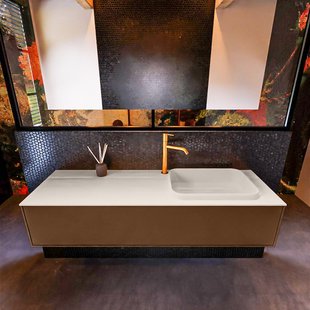 Badkamermeubelset Mondiaz Erin 150 cm met 1 Lade met RIDGE Wastafel Rechts Linen met 1 kraangat Greeploos Mat Rust