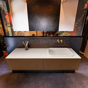 Badkamermeubelset Mondiaz Erin 150 cm met 2 Lades met RIDGE Wastafel Rechts Linen Zonder Kraangaten Greeploos Mat Rust