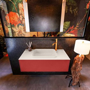 Badkamermeubelset Mondiaz Erin 100 cm met 1 Lade met RIDGE Wastafel Midden Linen met 1 kraangat Greeploos Mat Fire