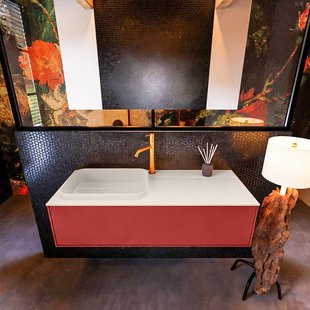 Badkamermeubelset Mondiaz Erin 120 cm met 1 Lade met RIDGE Wastafel Links Linen met 1 kraangat Greeploos Mat Fire