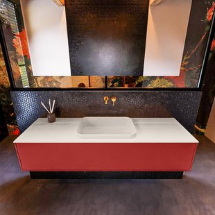 Badkamermeubelset Mondiaz Erin 150 cm met 1 Lade met RIDGE Wastafel Midden Linen Zonder Kraangaten Greeploos Mat Fire