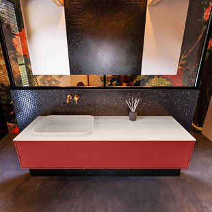 Badkamermeubelset Mondiaz Erin 150 cm met 1 Lade met RIDGE Wastafel Links Linen Zonder Kraangaten Greeploos Mat Fire