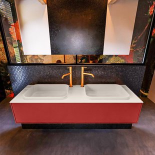 Badkamermeubelset Mondiaz Erin 150 cm met 1 Lade met RIDGE Wastafel Dubbel Linen met 2 kraangaten Greeploos Mat Fire