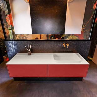 Badkamermeubelset Mondiaz Erin 150 cm met 2 Lades met RIDGE Wastafel Rechts Linen Zonder Kraangaten Greeploos Mat Fire