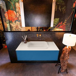 Badkamermeubelset Mondiaz Erin 100 cm met 1 Lade met RIDGE Wastafel Midden Linen Zonder Kraangaten Greeploos Mat Jeans