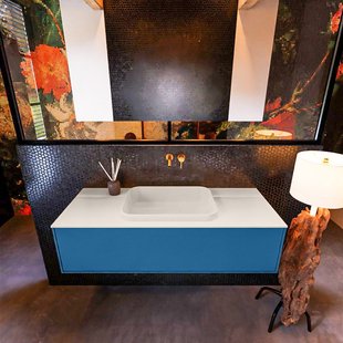 Badkamermeubelset Mondiaz Erin 120 cm met 1 Lade met RIDGE Wastafel Midden Linen Zonder Kraangaten Greeploos Mat Jeans