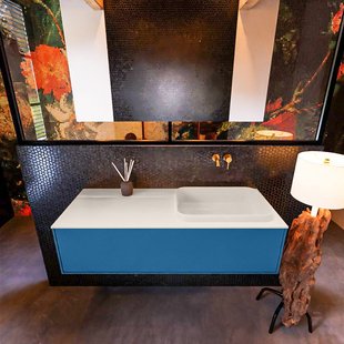 Badkamermeubelset Mondiaz Erin 120 cm met 1 Lade met RIDGE Wastafel Rechts Linen Zonder Kraangaten Greeploos Mat Jeans