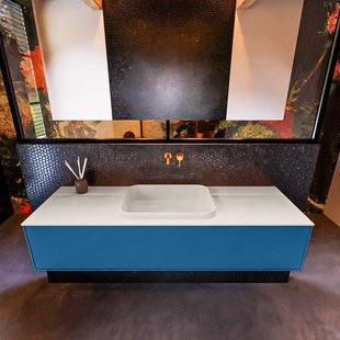 Badkamermeubelset Mondiaz Erin 150 cm met 1 Lade met RIDGE Wastafel Midden Linen Zonder Kraangaten Greeploos Mat Jeans