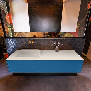 Badkamermeubelset Mondiaz Erin 150 cm met 1 Lade met RIDGE Wastafel Links Linen Zonder Kraangaten Greeploos Mat Jeans