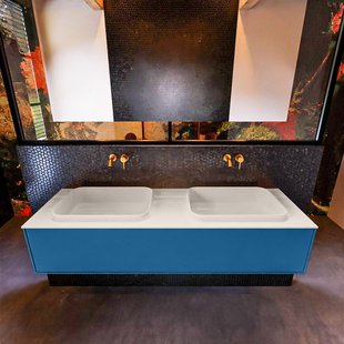 Badkamermeubelset Mondiaz Erin 150 cm met 1 Lade met RIDGE Wastafel Dubbel Linen Zonder Kraangaten Greeploos Mat Jeans