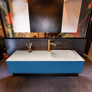 Badkamermeubelset Mondiaz Erin 150 cm met 1 Lade met RIDGE Wastafel Rechts Linen met 1 kraangat Greeploos Mat Jeans