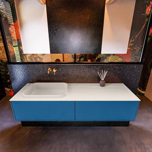 Badkamermeubelset Mondiaz Erin 150 cm met 2 Lades met RIDGE Wastafel Links Linen Zonder Kraangaten Greeploos Mat Jeans