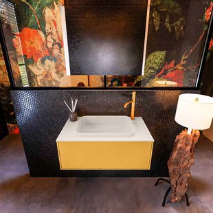 Badkamermeubelset Mondiaz Erin 80 cm met 1 Lade met RIDGE Wastafel Midden Linen met 1 kraangat Greeploos Mat Ocher