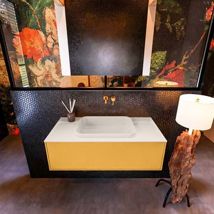 Badkamermeubelset Mondiaz Erin 100 cm met 1 Lade met RIDGE Wastafel Midden Linen Zonder Kraangaten Greeploos Mat Ocher