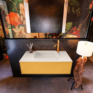 Badkamermeubelset Mondiaz Erin 100 cm met 1 Lade met RIDGE Wastafel Midden Linen met 1 kraangat Greeploos Mat Ocher