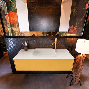 Badkamermeubelset Mondiaz Erin 120 cm met 1 Lade met RIDGE Wastafel Midden Linen met 1 kraangat Greeploos Mat Ocher