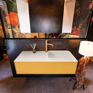 Badkamermeubelset Mondiaz Erin 120 cm met 1 Lade met RIDGE Wastafel Rechts Linen met 1 kraangat Greeploos Mat Ocher