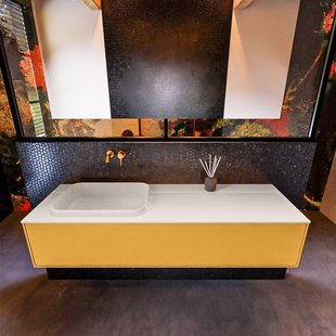 Badkamermeubelset Mondiaz Erin 150 cm met 1 Lade met RIDGE Wastafel Links Linen Zonder Kraangaten Greeploos Mat Ocher