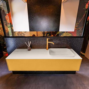 Badkamermeubelset Mondiaz Erin 150 cm met 1 Lade met RIDGE Wastafel Rechts Linen met 1 kraangat Greeploos Mat Ocher