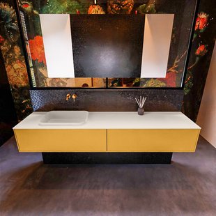 Badkamermeubelset Mondiaz Erin 200 cm met 2 Lades met RIDGE Wastafel Links Linen Zonder Kraangaten Greeploos Mat Ocher