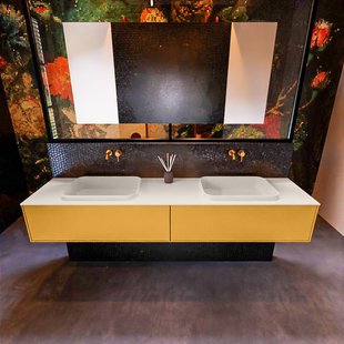 Badkamermeubelset Mondiaz Erin 200 cm met 2 Lades met RIDGE Wastafel Dubbel Linen Zonder Kraangaten Greeploos Mat Ocher