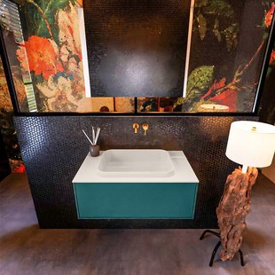 Badkamermeubelset Mondiaz Erin 80 cm met 1 Lade met RIDGE Wastafel Midden Linen Zonder Kraangaten Greeploos Mat Smag