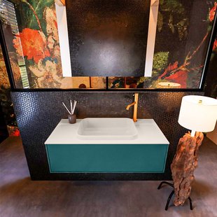 Badkamermeubelset Mondiaz Erin 100 cm met 1 Lade met RIDGE Wastafel Midden Linen met 1 kraangat Greeploos Mat Smag