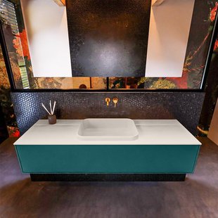 Badkamermeubelset Mondiaz Erin 150 cm met 1 Lade met RIDGE Wastafel Midden Linen Zonder Kraangaten Greeploos Mat Smag