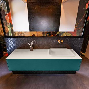 Badkamermeubelset Mondiaz Erin 150 cm met 1 Lade met RIDGE Wastafel Rechts Linen Zonder Kraangaten Greeploos Mat Smag