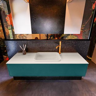 Badkamermeubelset Mondiaz Erin 150 cm met 1 Lade met RIDGE Wastafel Midden Linen met 1 kraangat Greeploos Mat Smag