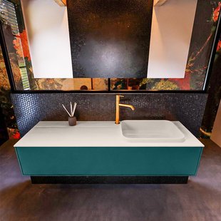 Badkamermeubelset Mondiaz Erin 150 cm met 1 Lade met RIDGE Wastafel Rechts Linen met 1 kraangat Greeploos Mat Smag