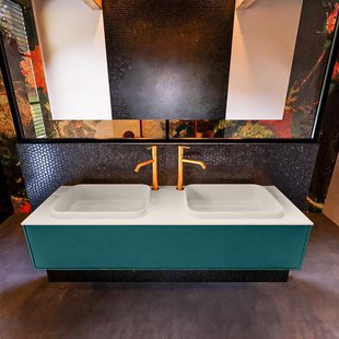 Badkamermeubelset Mondiaz Erin 150 cm met 1 Lade met RIDGE Wastafel Dubbel Linen met 2 kraangaten Greeploos Mat Smag