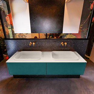 Badkamermeubelset Mondiaz Erin 150 cm met 2 Lades met RIDGE Wastafel Dubbel Linen Zonder Kraangaten Greeploos Mat Smag