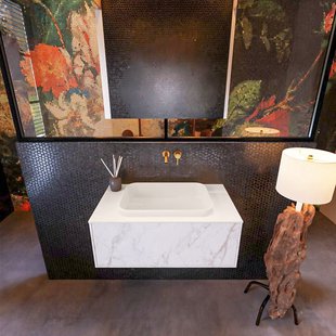 Badkamermeubelset Mondiaz Erin 80 cm met 1 Lade met RIDGE Wastafel Midden Linen Zonder Kraangaten Greeploos Mat Carrara