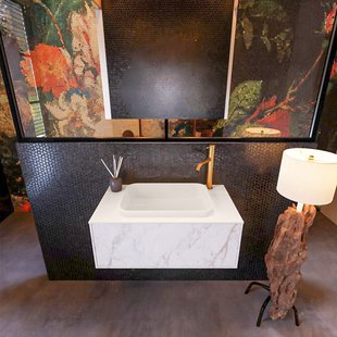 Badkamermeubelset Mondiaz Erin 80 cm met 1 Lade met RIDGE Wastafel Midden Linen met 1 kraangat Greeploos Mat Carrara