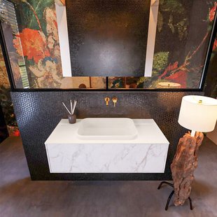 Badkamermeubelset Mondiaz Erin 100 cm met 1 Lade met RIDGE Wastafel Midden Linen Zonder Kraangaten Greeploos Mat Carrara