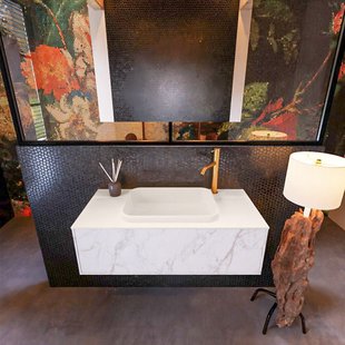 Badkamermeubelset Mondiaz Erin 100 cm met 1 Lade met RIDGE Wastafel Midden Linen met 1 kraangat Greeploos Mat Carrara