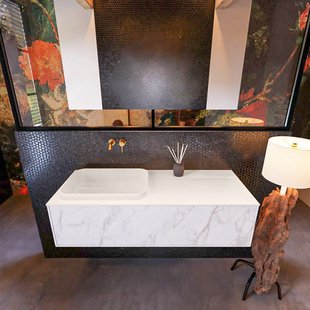 Badkamermeubelset Mondiaz Erin 120 cm met 1 Lade met RIDGE Wastafel Links Linen Zonder Kraangaten Greeploos Mat Carrara