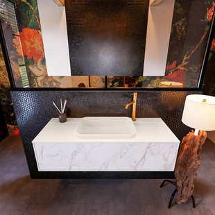 Badkamermeubelset Mondiaz Erin 120 cm met 1 Lade met RIDGE Wastafel Midden Linen met 1 kraangat Greeploos Mat Carrara